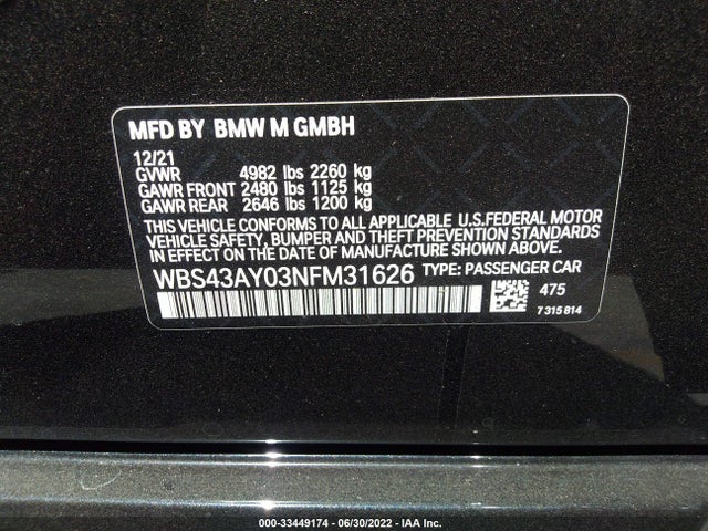 2022 BMW M3, VIN: WBS43AY03NFM31626
