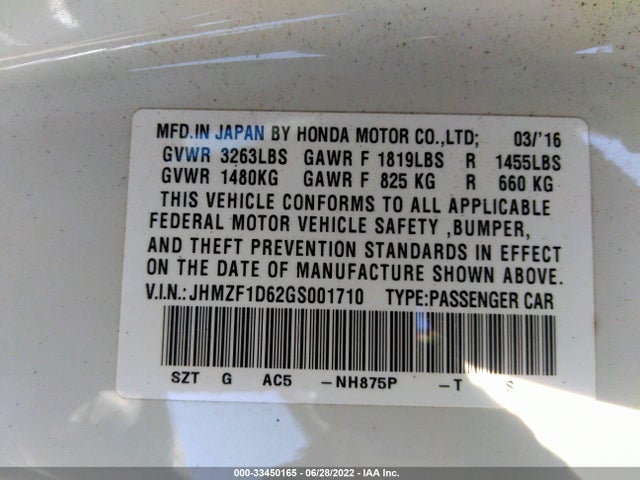 2016 Honda CR-Z, VIN: JHMZF1D62GS001710