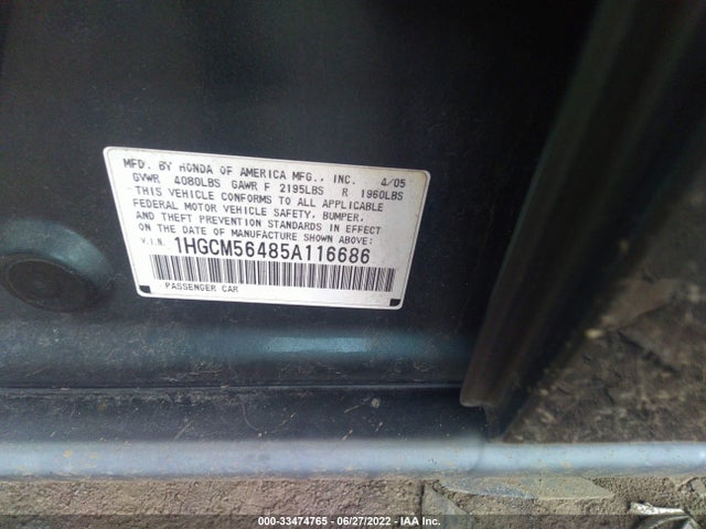 2005 HONDA ACCORD SDN LX VIN: 1HGCM56485A116686