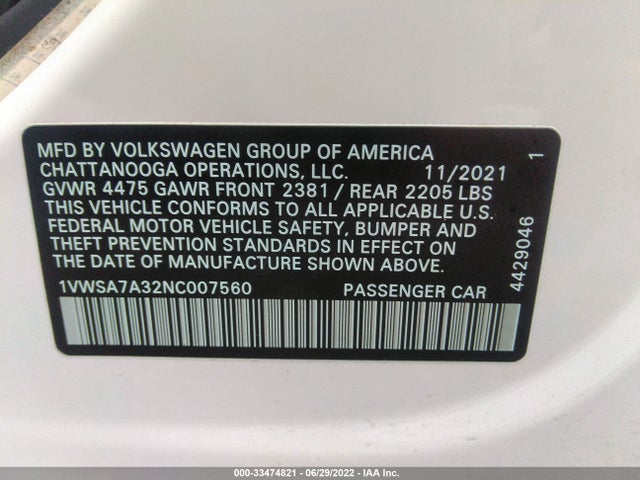 2022 Volkswagen Passat, VIN: 1VWSA7A32NC007560