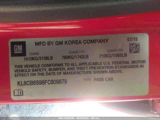 2015 Chevrolet Spark, VIN: KL8CB6S98FC809879