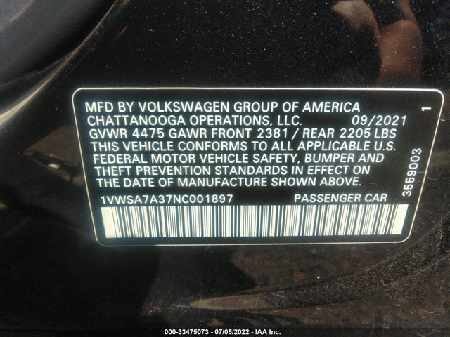 2022 Volkswagen Passat, VIN: 1VWSA7A37NC001897