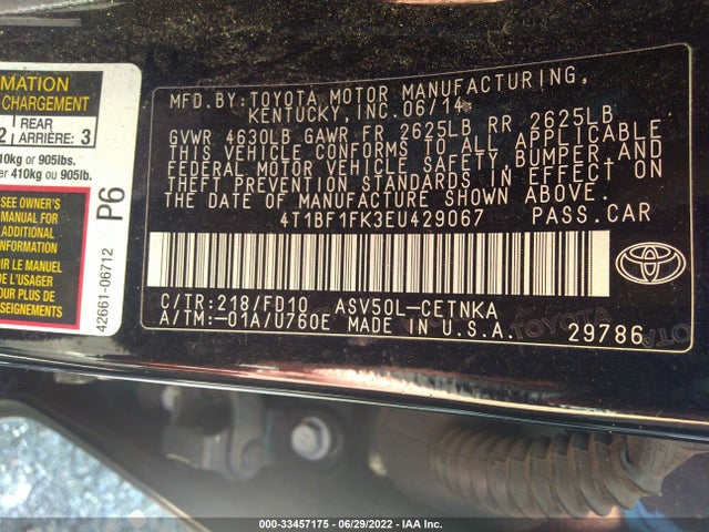2014 TOYOTA CAMRY L/LE/XLE/SE/SE SPORT VIN: 4T1BF1FK3EU429067