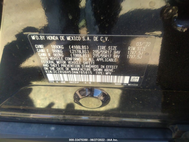 2022 HONDA HR-V EX VIN: 3CZRU6H53NM765815