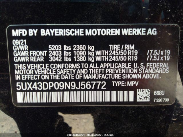 5UX43DP09N9J56772 BMW X3 Sdrive30i