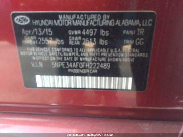 2015 HYUNDAI SONATA 2.4L SPORT VIN: 5NPE34AF0FH222489