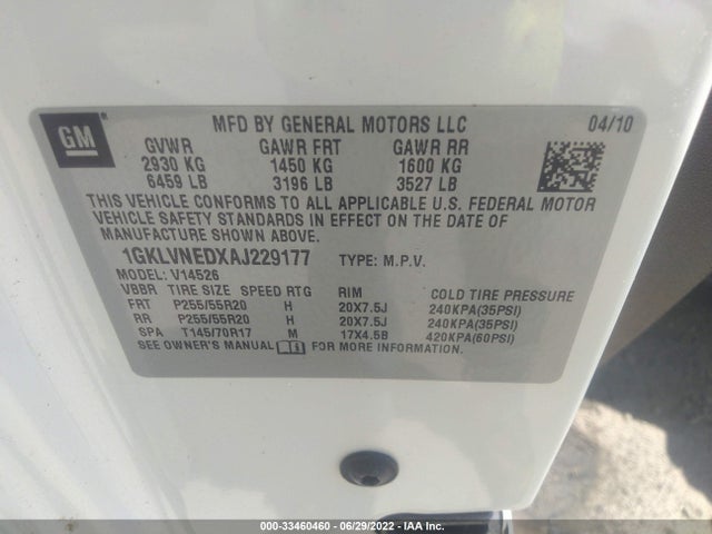 33460460 :رقم المزاد ، 1GKLVNEDXAJ229177 vin ، 2010 Gmc Acadia Slt-2 مزاد بيع