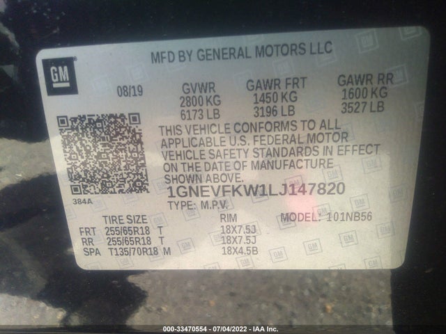 2020 Chevrolet Traverse, VIN: 1GNEVFKW1LJ147820