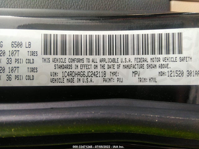 2018 Dodge Durango, VIN: 1C4RDHAG6JC242118