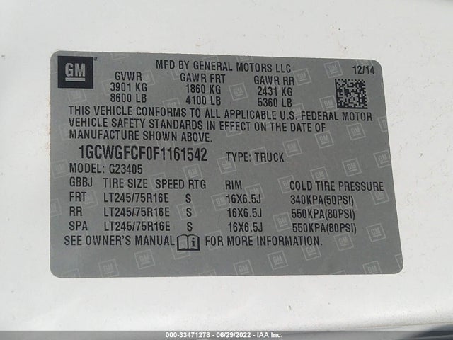 2015 Chevrolet Express, VIN: 1GCWGFCF0F1161542