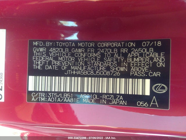 2018 Lexus RC, VIN: JTHHA5BC8J5008726