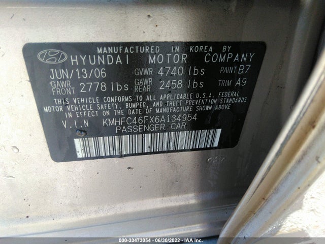 2006 HYUNDAI AZERA SE/LIMITED VIN: KMHFC46FX6A134954