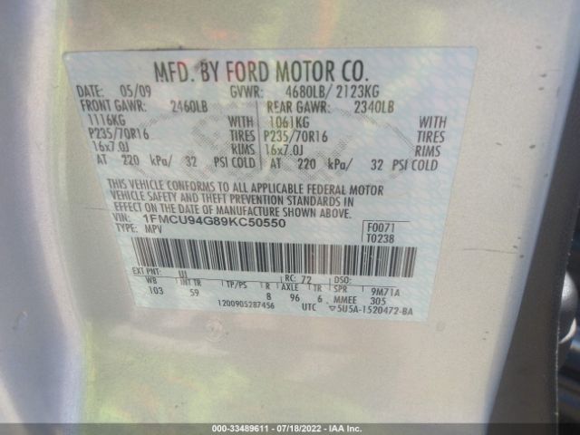 2009 FORD ESCAPE 1FMCU94G89KC50550 Photo 8