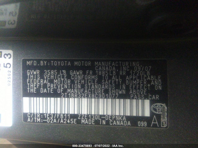 2008 TOYOTA COROLLA CE/S/LE VIN: 2T1BR32EX8C901077