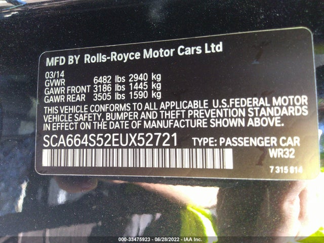 2014 Rolls-Royce Ghost, VIN: SCA664S52EUX52721