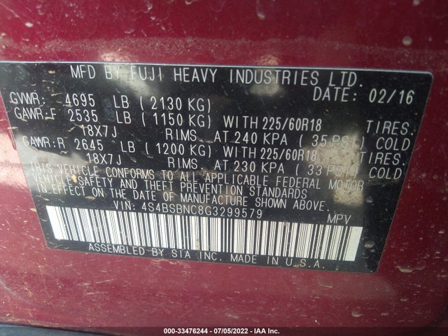 2016 Subaru Outback, VIN: 4S4BSBNC8G3299579