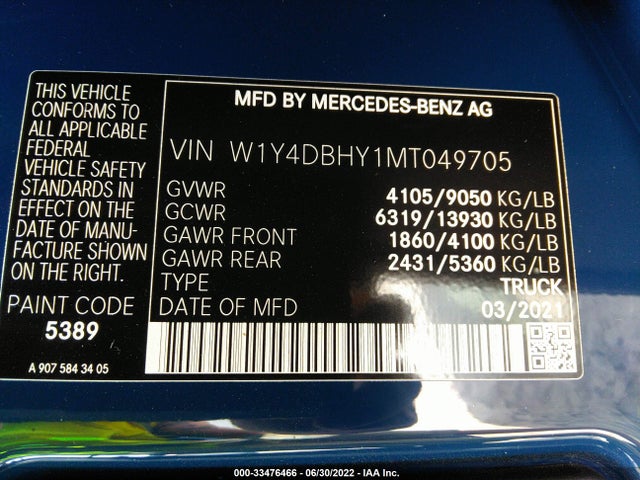 2021 Mercedes-Benz Sprinter, VIN: W1Y4DBHY1MT049705