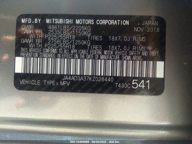 JA4AD3A37KZ028440 Mitsubishi Outlander Se/sel/le