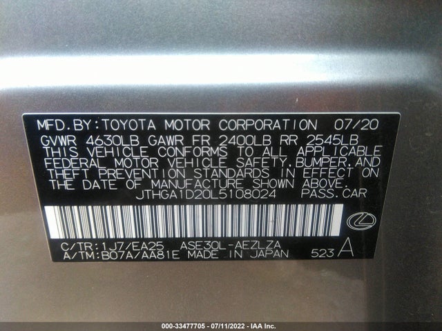 2020 Lexus IS, VIN: JTHGA1D20L5108024