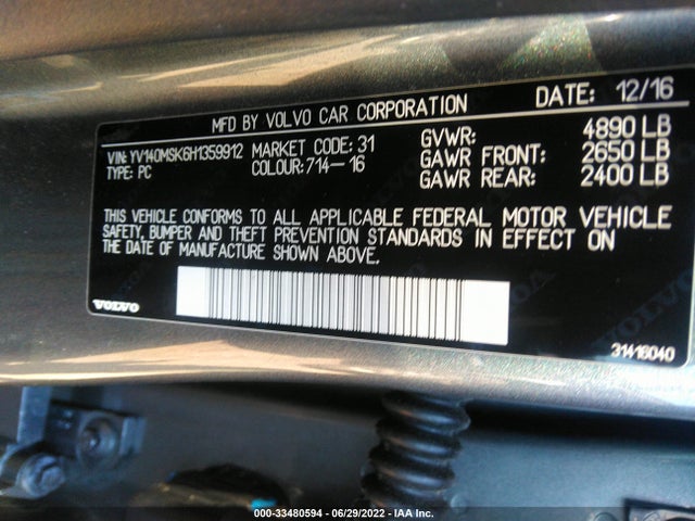 2017 Volvo V60, VIN: YV140MSK6H1359912
