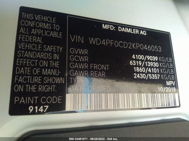 2019 Mercedes-Benz Sprinter, VIN: WD4PF0CD2KP046053