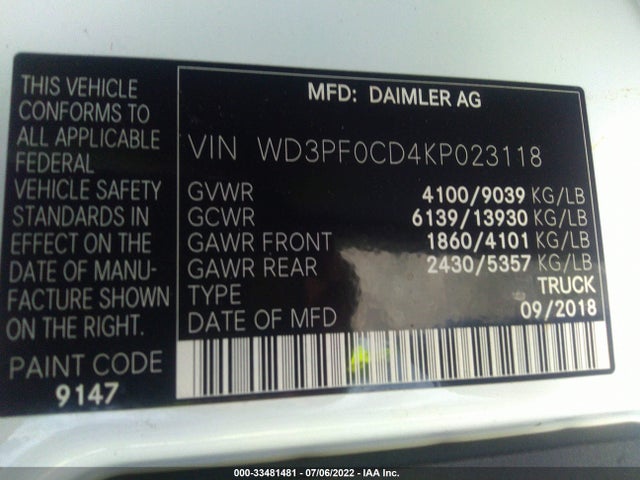 2019 Mercedes-Benz Sprinter, VIN: WD3PF0CD4KP023118
