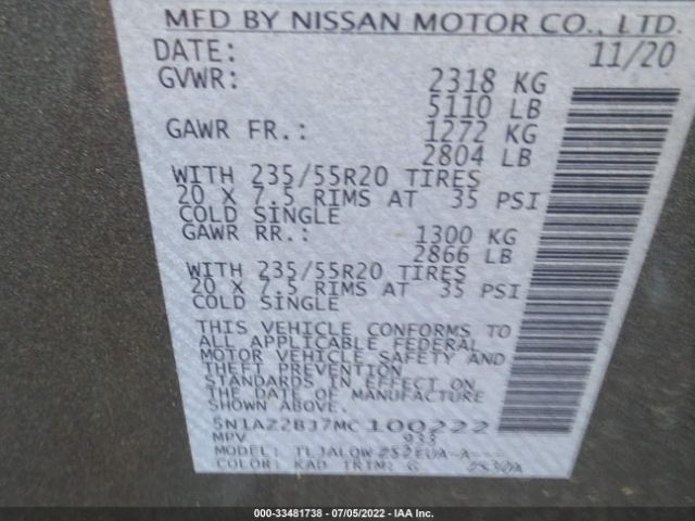 5N1AZ2BJ7MC100222 Nissan Murano Sv Fwd