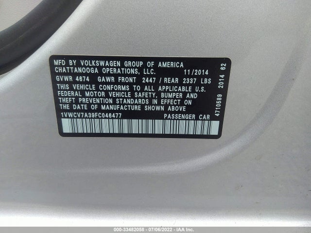 2015 Volkswagen CC, VIN: 1VWCV7A39FC046477