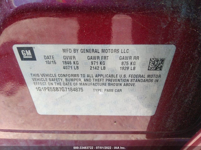 2016 CHEVROLET CRUZE LIMITED LT VIN: 1G1PE5SB7G7184875