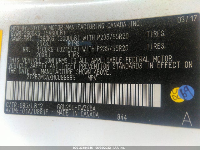 2017 Lexus RX, VIN: 2T2BZMCAXHC088885