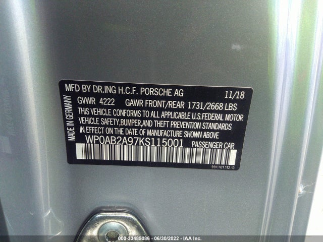 2019 Porsche 911, VIN: WP0AB2A97KS115001