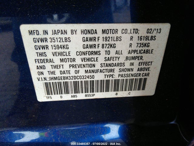 2013 HONDA FIT VIN: JHMGE8H32DC032450