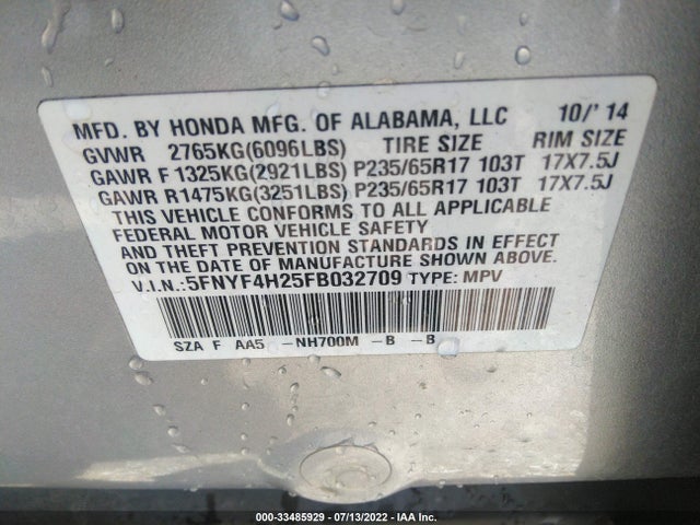 Honda PILOT LX 2015 5FNYF4H25FB032709 Image 9