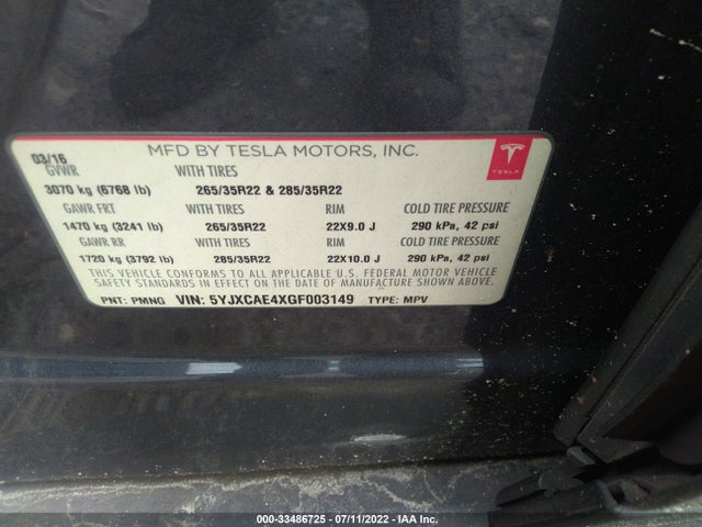 2016 Tesla Model X, VIN: 5YJXCAE4XGF003149