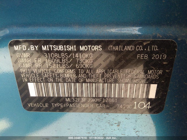 2019 Mitsubishi Mirage, VIN: ML32F3FJ9KHF12861