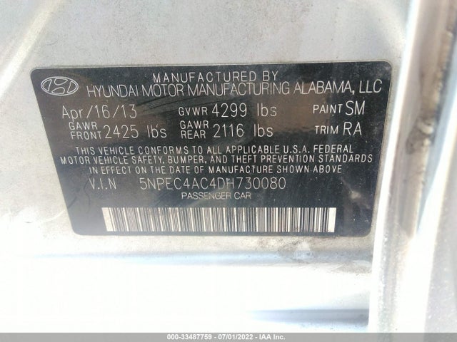 2013 HYUNDAI SONATA SE VIN: 5NPEC4AC4DH730080