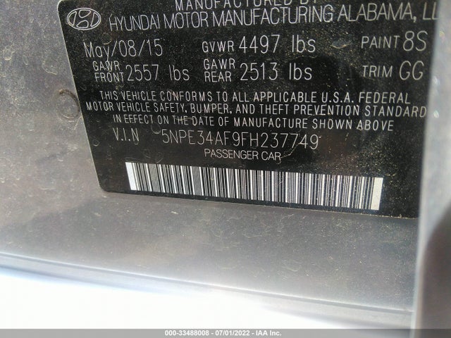 2015 HYUNDAI SONATA 2.4L SPORT VIN: 5NPE34AF9FH237749