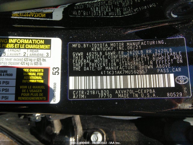 2021 Toyota Camry, VIN: 4T1K31AK7MU562557