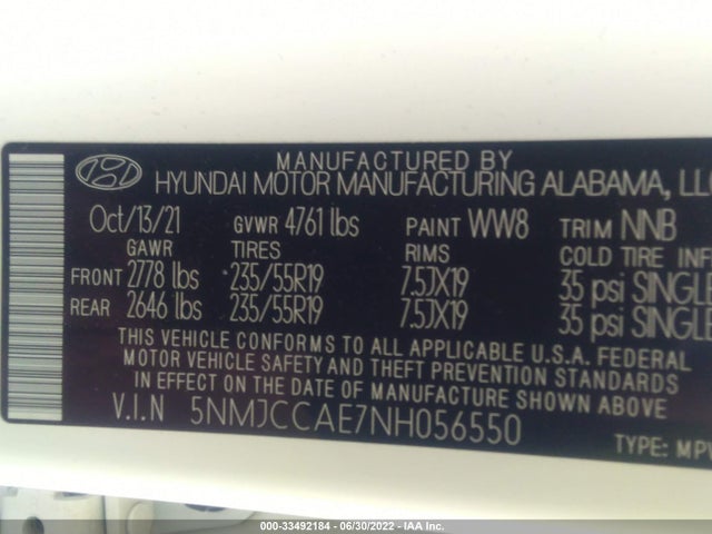 2022 HYUNDAI TUCSON SEL VIN: 5NMJCCAE7NH056550