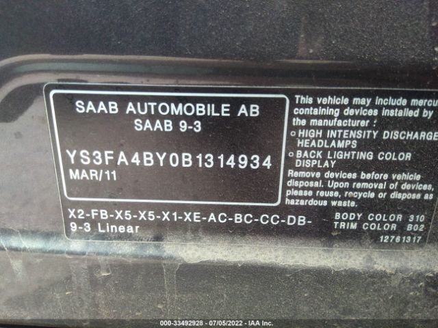 2011 SAAB 9-3 YS3FA4BY0B1314934 Photo 8