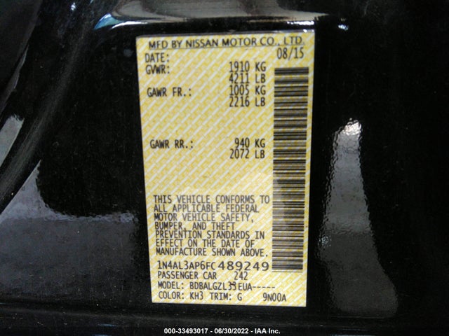 2015 NISSAN ALTIMA 2.5 VIN: 1N4AL3AP6FC489249