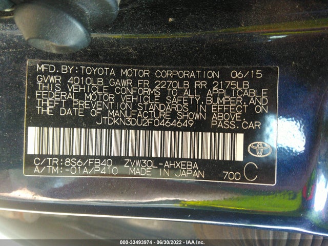 Продаж на аукціоні авто 2015 Toyota Prius Four, vin: JTDKN3DU2F0464649, номер лоту: 33493974