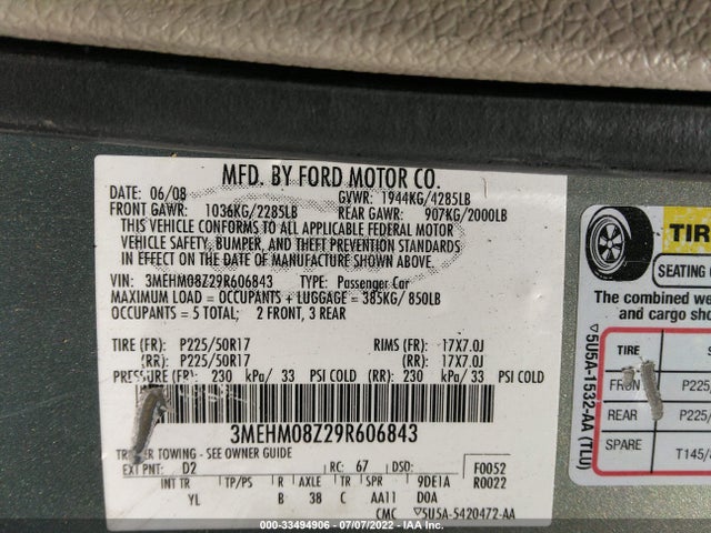 2009 MERCURY MILAN PREMIER VIN: 3MEHM08Z29R606843
