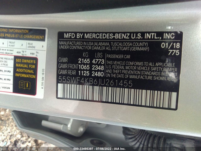 2018 Mercedes-Benz C-Class, VIN: 55SWF4KB6JU261455