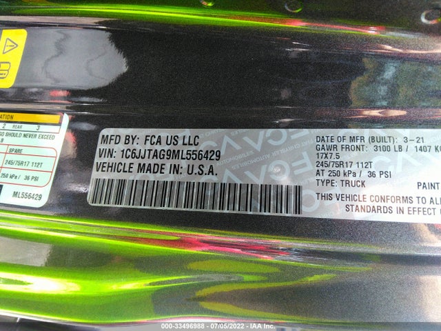 2021 Jeep Gladiator, VIN: 1C6JJTAG9ML556429