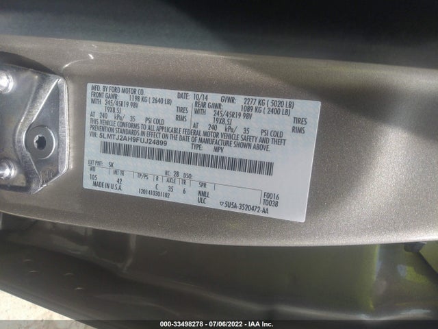 2015 Lincoln MKC, VIN: 5LMTJ2AH9FUJ24899