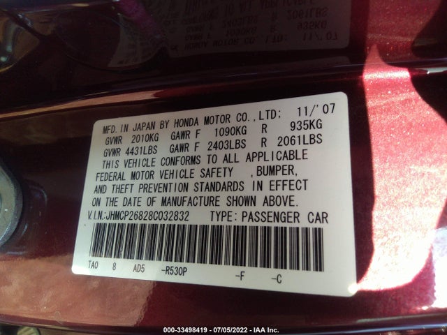 2008 HONDA ACCORD SDN EX-L VIN: JHMCP26828C032832