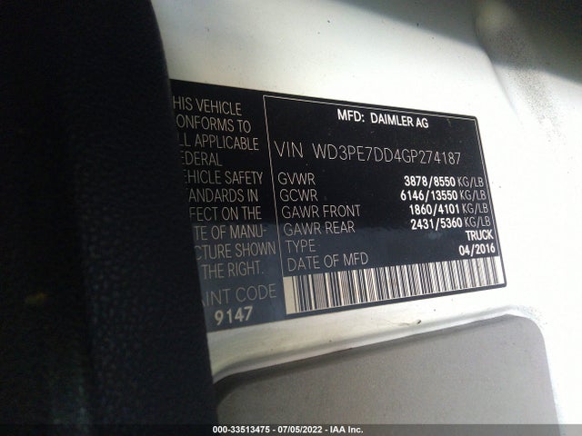 2016 Mercedes-Benz Sprinter, VIN: WD3PE7DD4GP274187