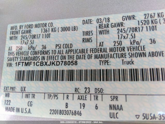 1FTMF1CBXJKD78058 Ford F-150 Xl/xlt