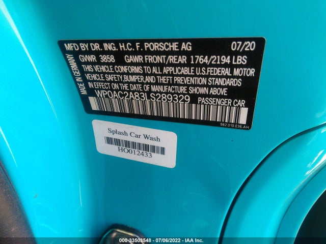 2020 Porsche 718, VIN: WP0AC2A83LS289329